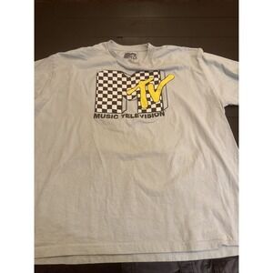 MTV Music Television Checkerboard Logo T Shirt Mens 2XL Light Blue Cotton